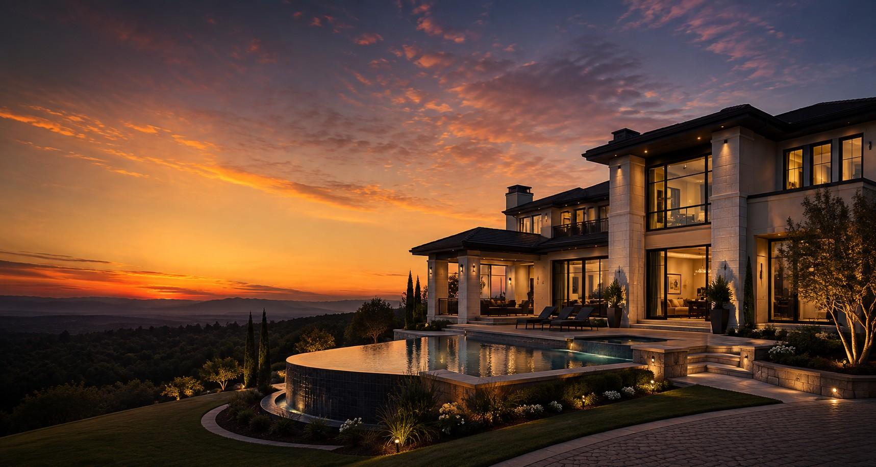 Luxury modern home with infinity pool overlooking the hills at sunset